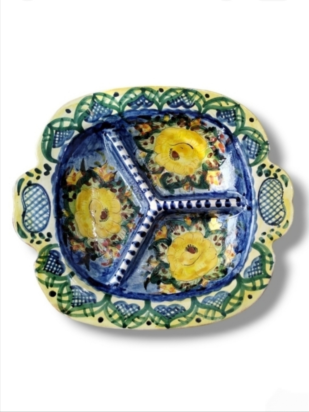 Beatriz Cartaxo Portugal Handpainted Divided Bowl Floral Pottery 9"